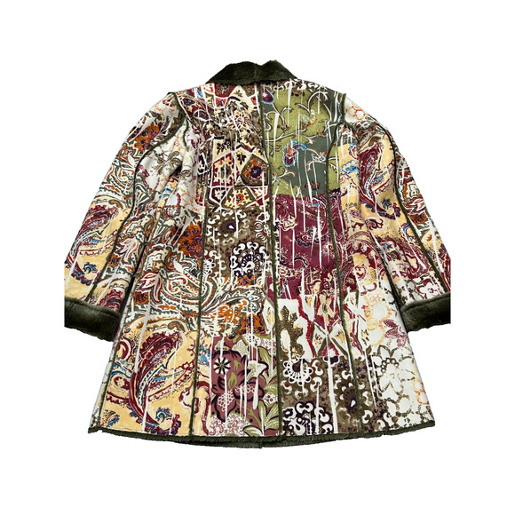 Chico's Green Paisley Faux Shearling Hippie Warm Button Up Coat Jacket Sz 0/XS - Picture 2 of 8
